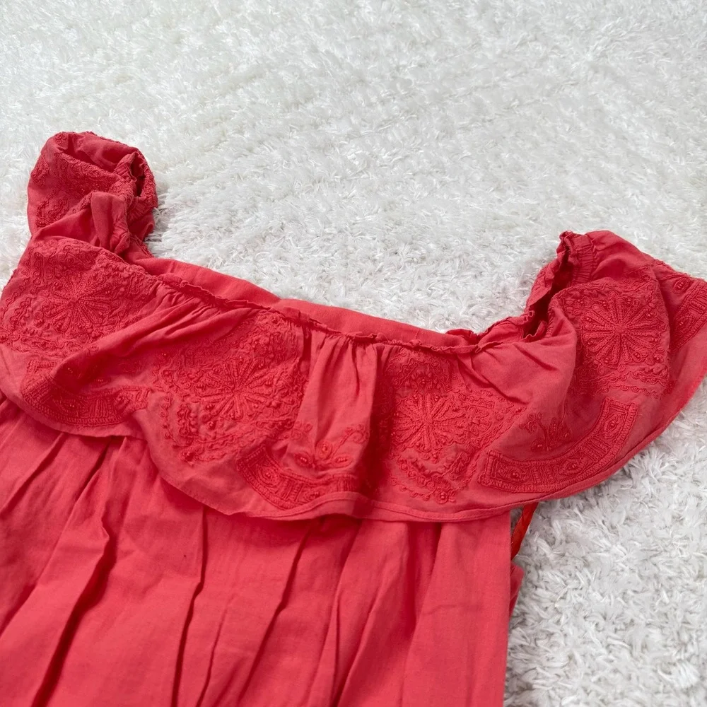 Lauren Ralph Lauren Off-Shoulder Dress Women's 12 Embroidered Ruffle Coral Boho - Picture 13 of 16